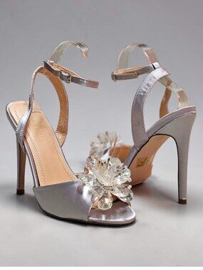 Crystal Embellished Silver Satin High Heel Sandals With Ankle Strap & Peep Toe F
